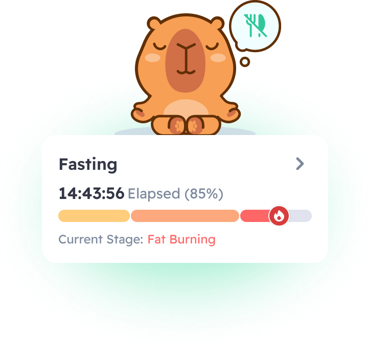 Digestive Rest fasting tracker at 85% elapsed during Fat Burning stage with relaxed capybara